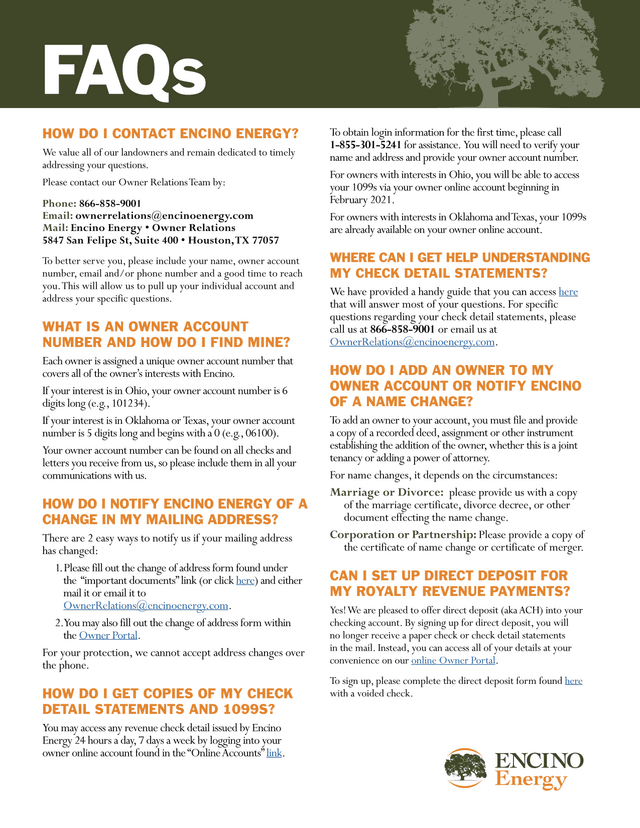 Encino Energy Owner Relations FAQs screenshot