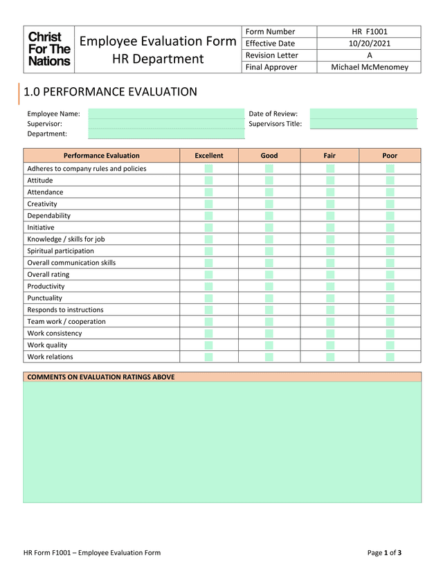Employee Evaluation Form screenshot