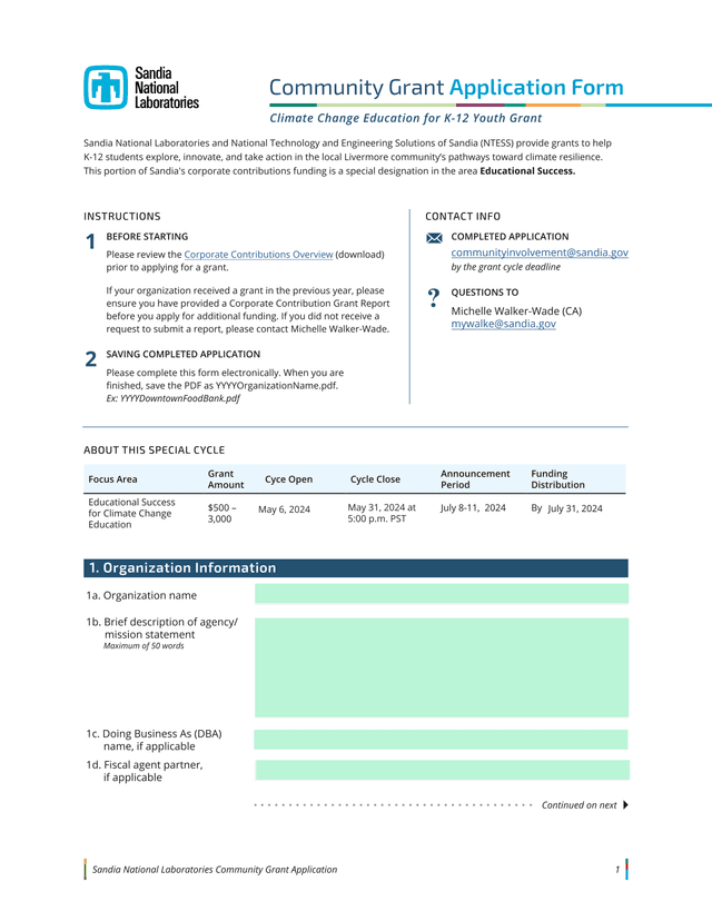 Sandia National Laboratories Community Grant Application screenshot