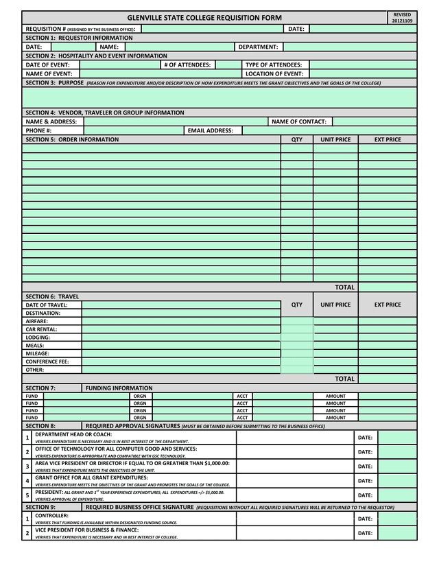 GLENVILLE STATE COLLEGE REQUISITION FORM screenshot