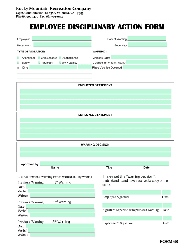 FORM 68 EMPLOYEE DISCIPLINARY ACTION FORM screenshot