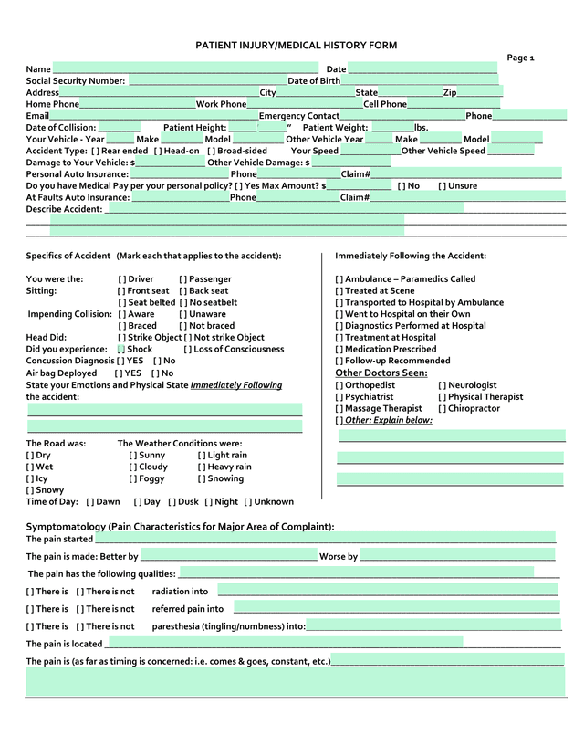 PATIENT INJURYMEDICAL HISTORY FORM screenshot