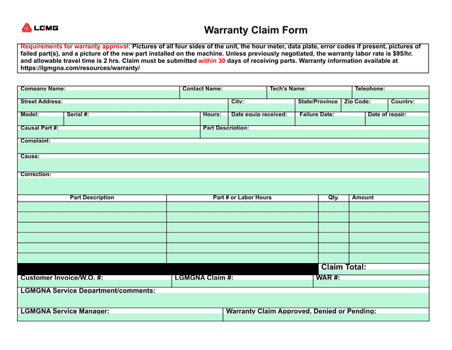 Warranty Claim Form screenshot