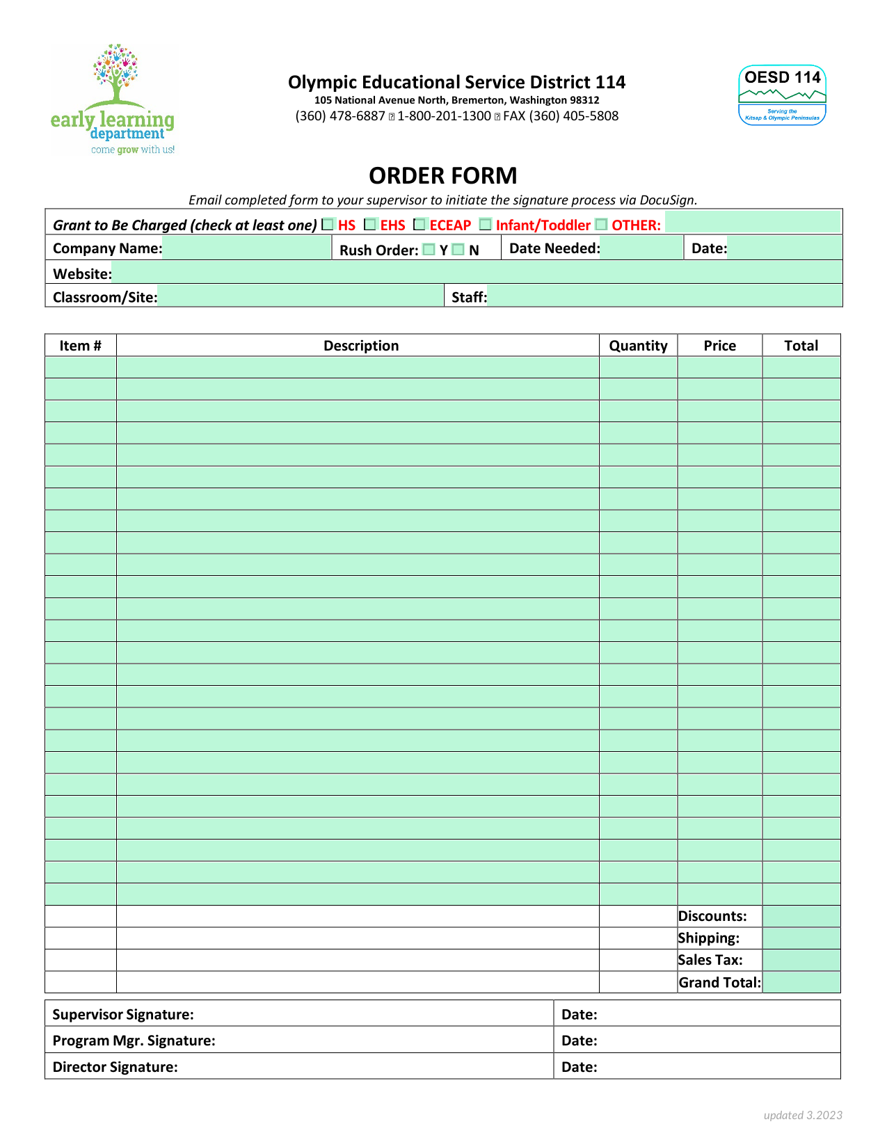 Olympic Educational Service District 114 Order Form screenshot