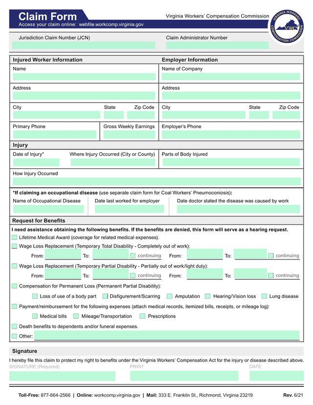 Virginia Workers Compensation Commission Claim Form screenshot