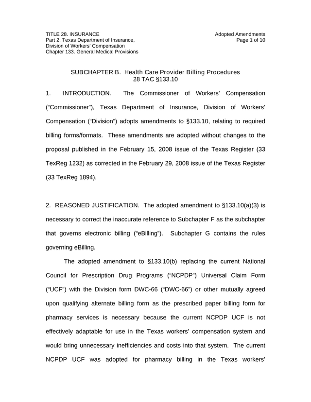 Texas Department Of Insurance, Division Of Workers Compensation   Adopted Amendments To Chapter 133  screenshot