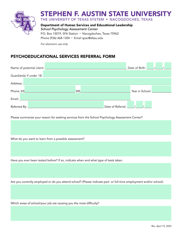 PSYCHOEDUCATIONAL SERVICES REFERRAL FORM screenshot