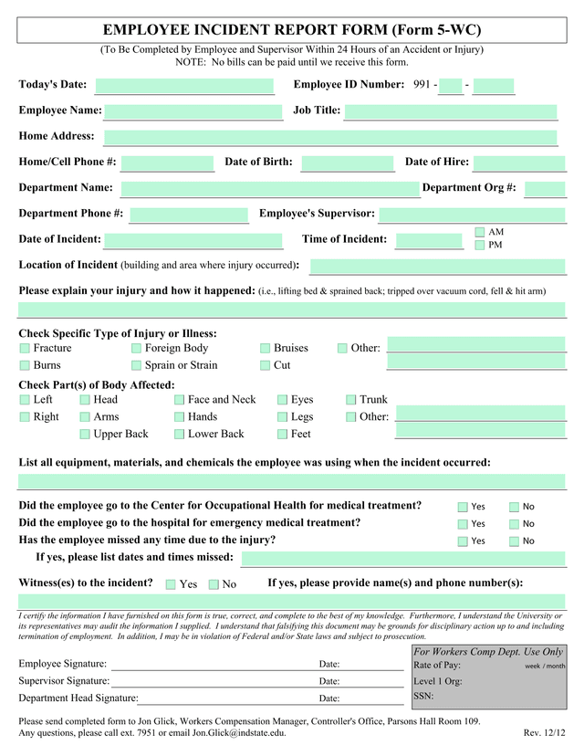 Employee Incident Report Form (Form 5 WC) screenshot