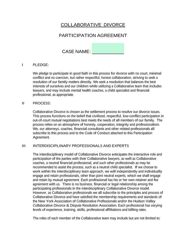 Collaborative Divorce Participation Agreement screenshot