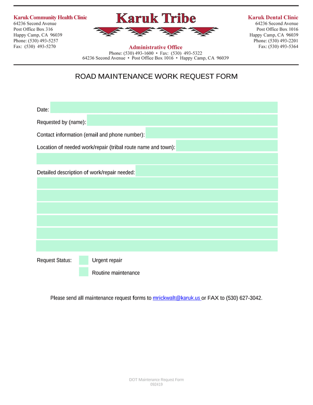DOT Maintenance Request Form screenshot