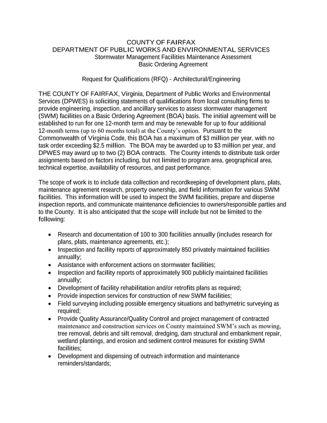 Stormwater Management Facilities Maintenance Assessment Basic Ordering Agreement screenshot