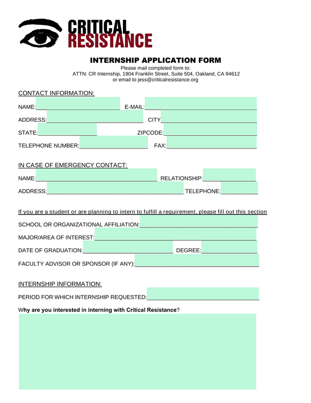 Critical Resistance Internship Application Form screenshot