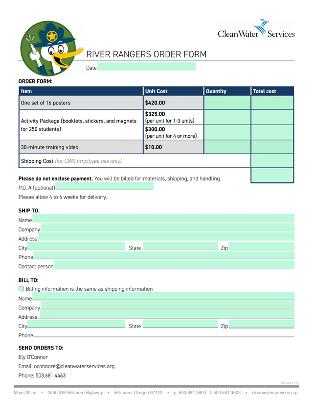 RIVER RANGERS ORDER FORM screenshot