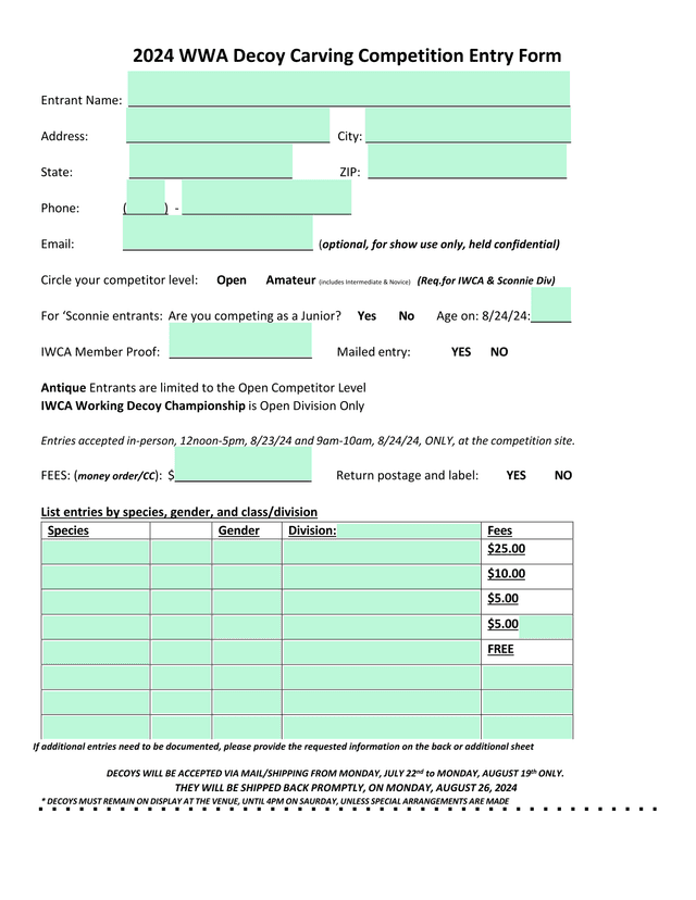 2024 WWA Decoy Carving Competition Entry Form screenshot