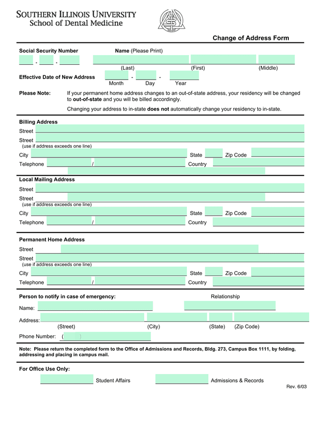 Change Of Address Form screenshot