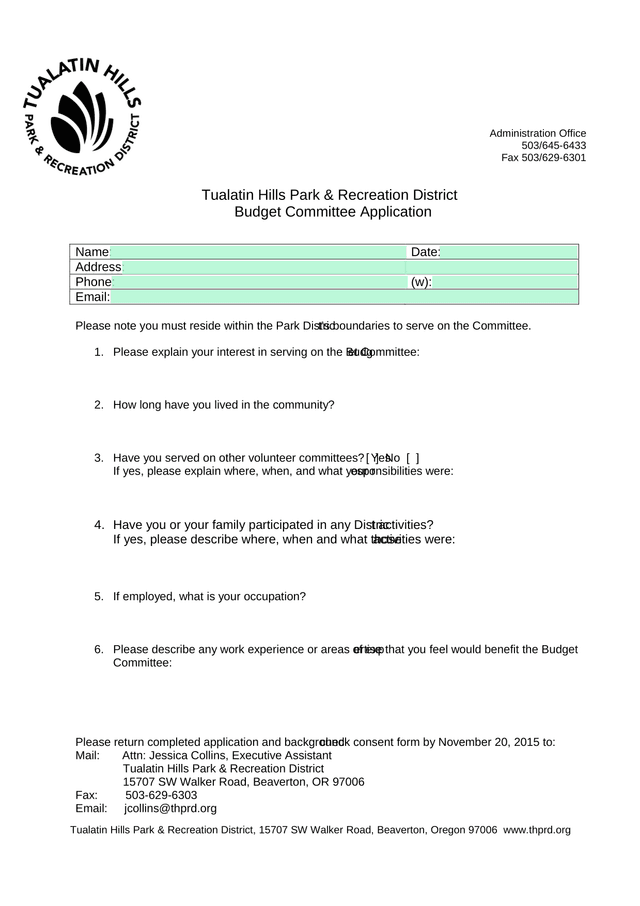 Tualatin Hills Park  Recreation District Budget Committee Application screenshot