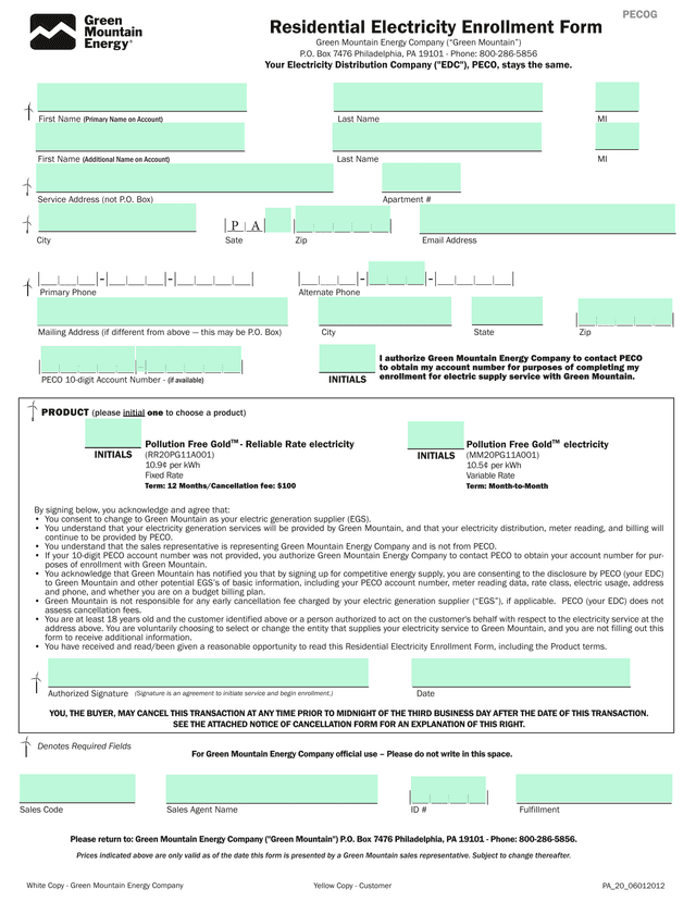 Residential Electricity Enrollment Form screenshot