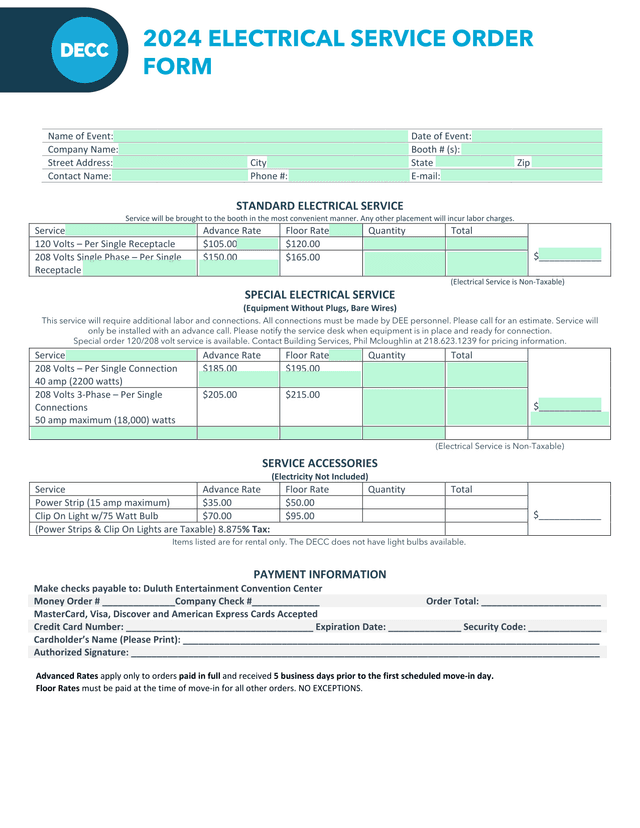 2024 ELECTRICAL SERVICE ORDER FORM screenshot