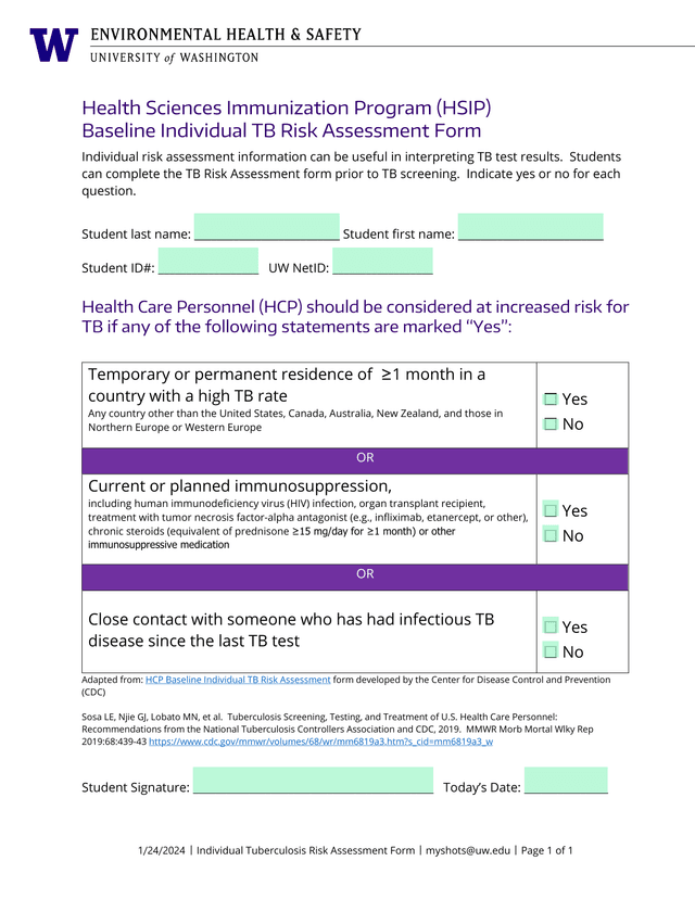 Individual Tuberculosis Risk Assessment Form screenshot
