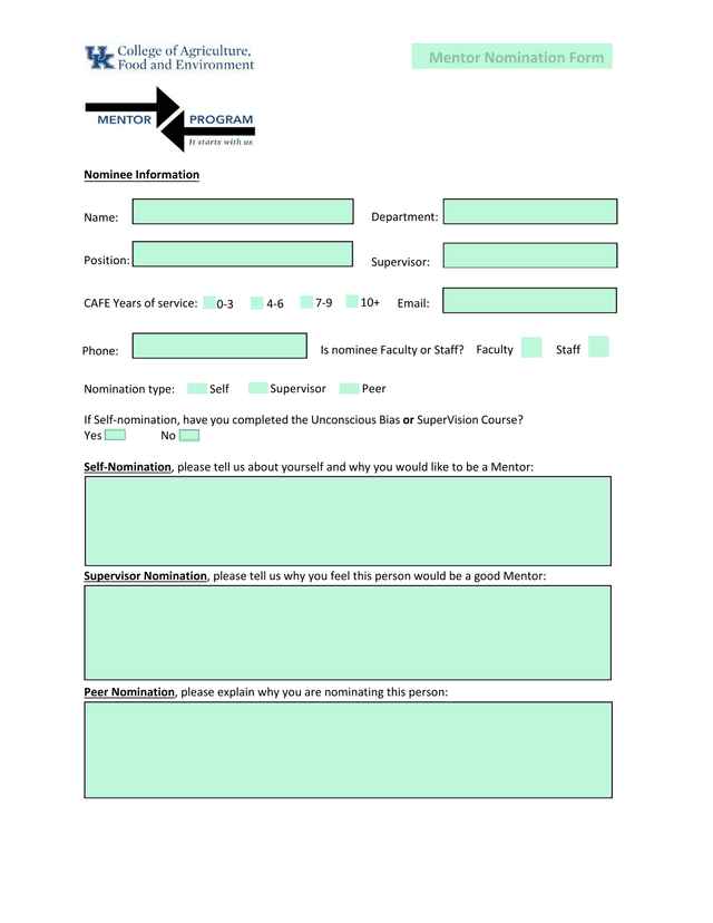 Mentor Nomination Form screenshot