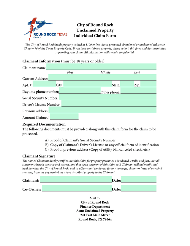 City Of Round Rock Unclaimed Property Individual Claim Form screenshot