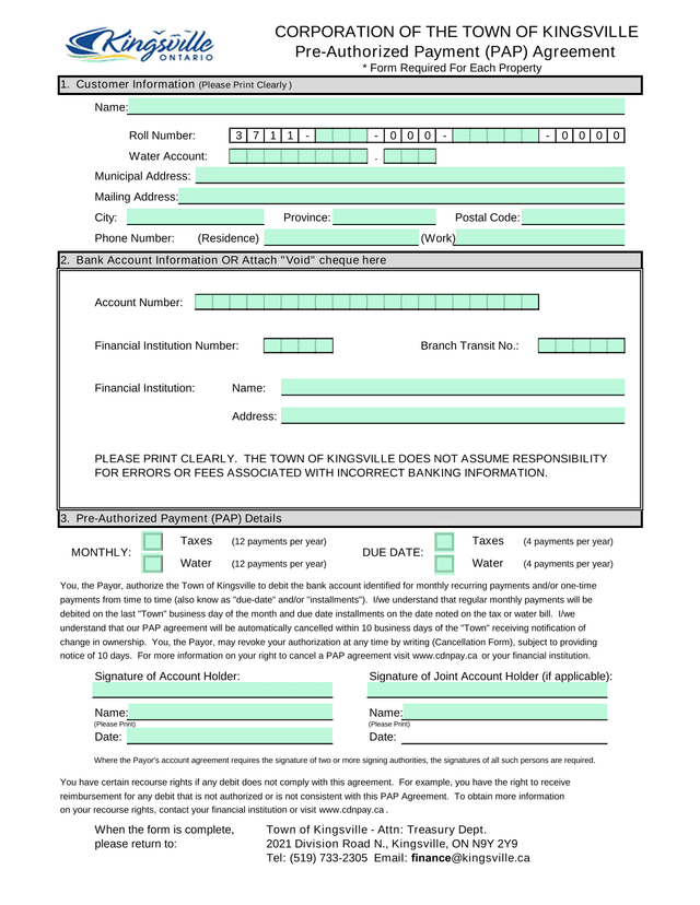 Pre Authorized Payment (PAP) Agreement screenshot