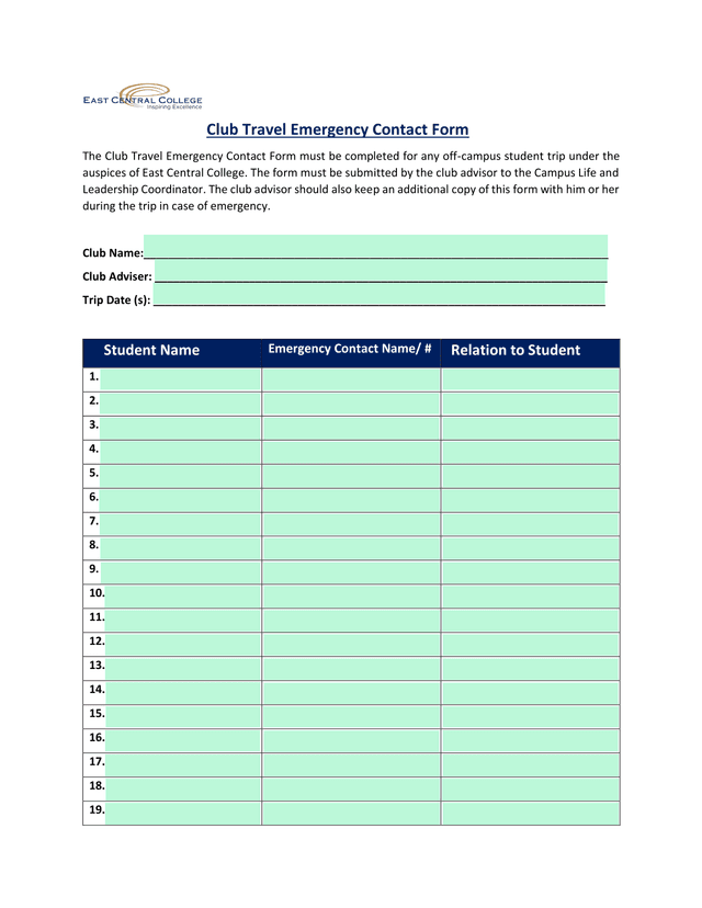 Club Travel Emergency Contact Form screenshot