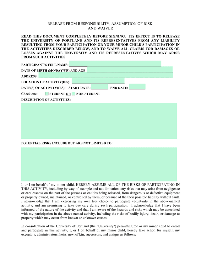 Release From Responsibility, Assumption Of Risk, And Waiver screenshot