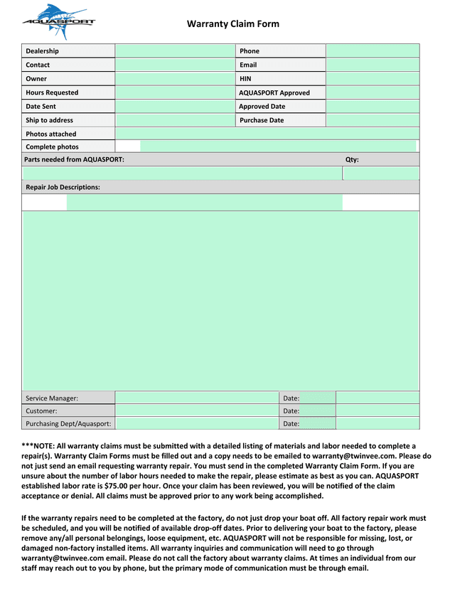 Warranty Claim Form screenshot