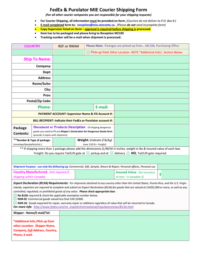 FedEx  Purolator MIE Courier Shipping Form screenshot