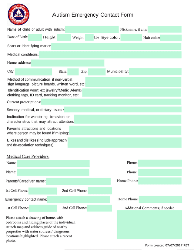 Autism Emergency Contact Form screenshot