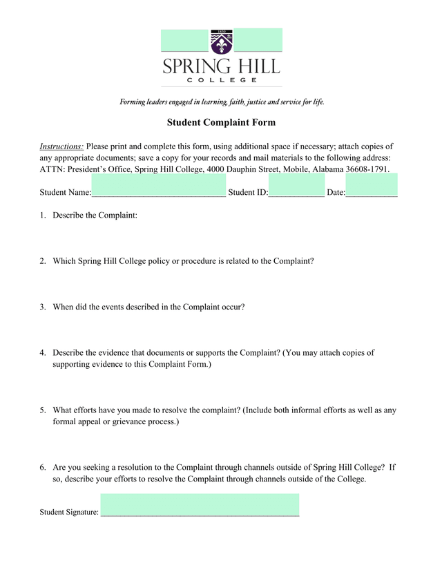 Student Complaint Form screenshot