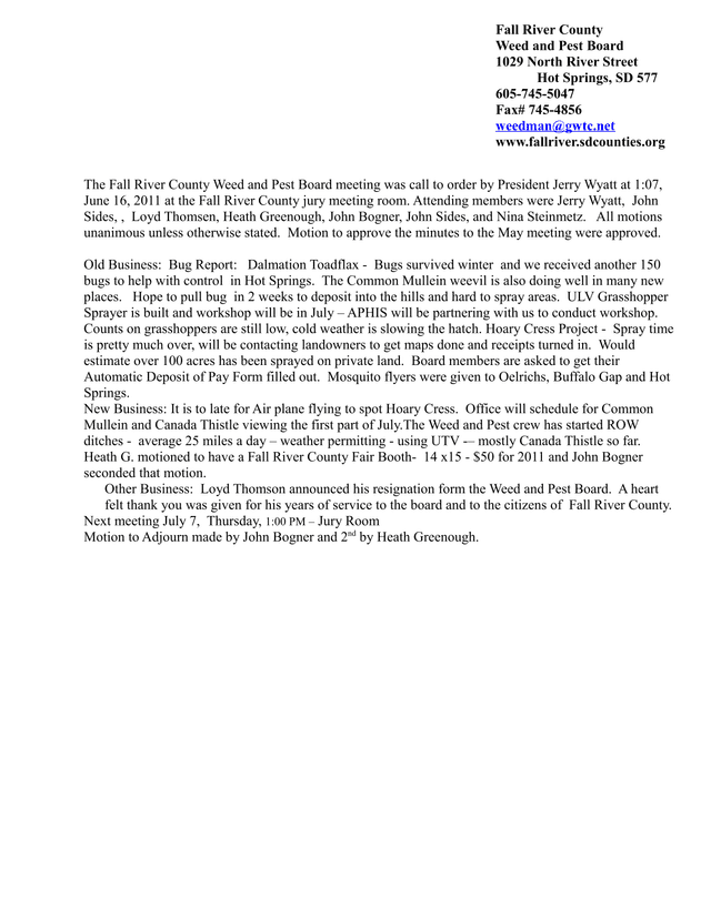 Fall River County Weed And Pest Board Meeting Minutes screenshot