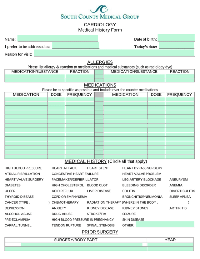 Cardiology Medical History Form screenshot