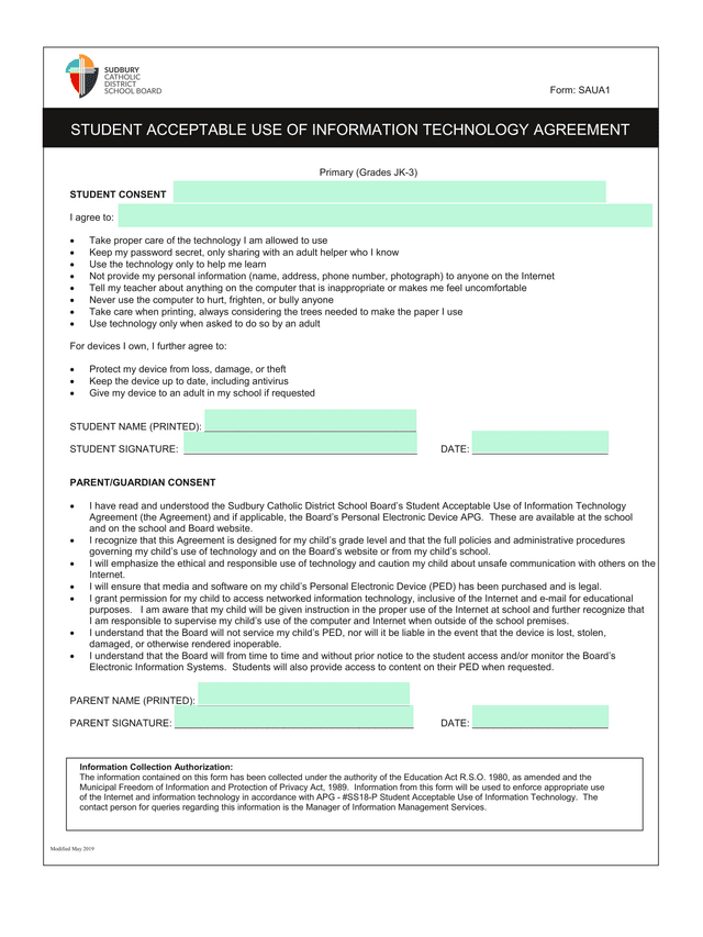 Student Consent For Technology Use screenshot