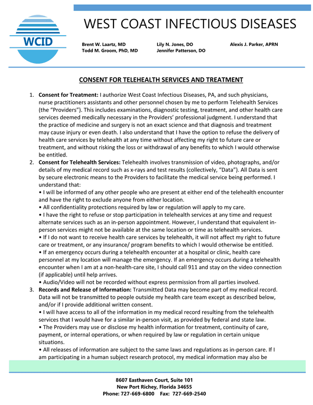 Consent For Telehealth Services And Treatment screenshot
