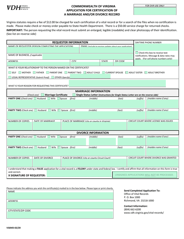 APPLICATION FOR CERTIFICATION OF A MARRIAGE ANDOR DIVORCE RECORD screenshot