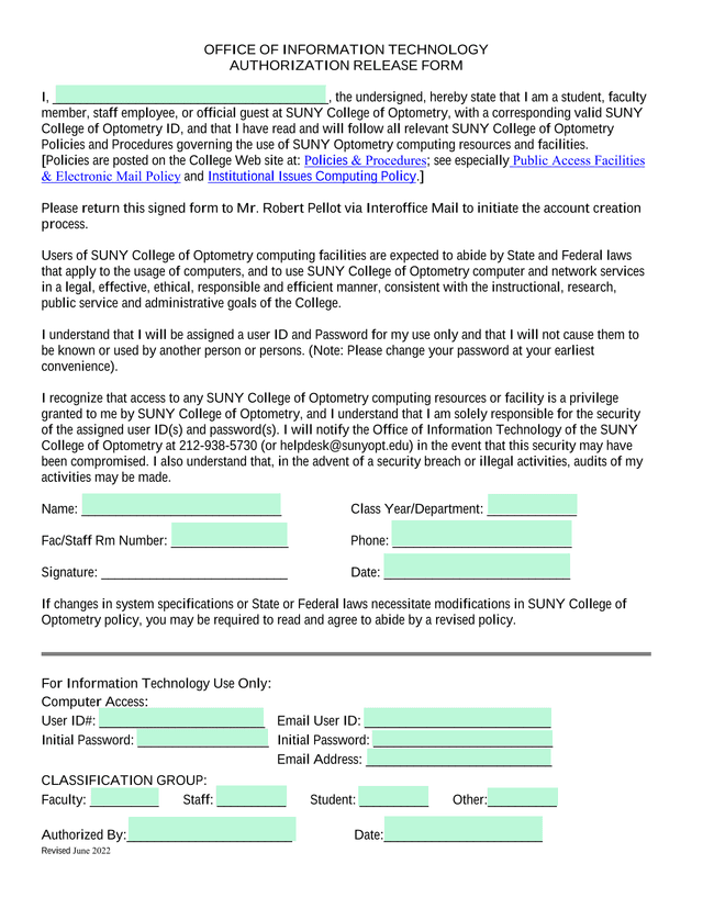 OFFICE OF INFORMATION TECHNOLOGY AUTHORIZATION RELEASE FORM screenshot