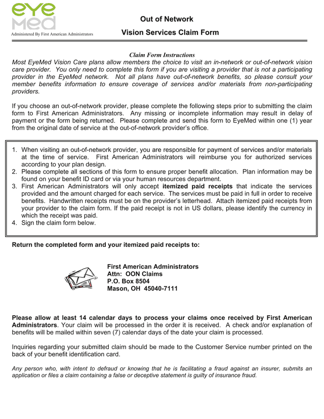 Out Of Network Vision Services Claim Form screenshot
