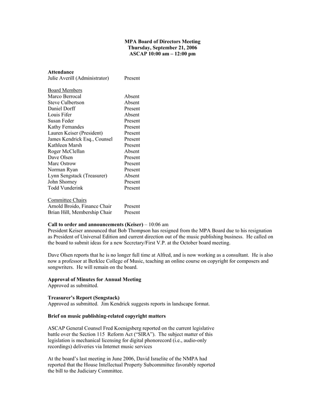 MPA Board Of Directors Meeting Minutes screenshot