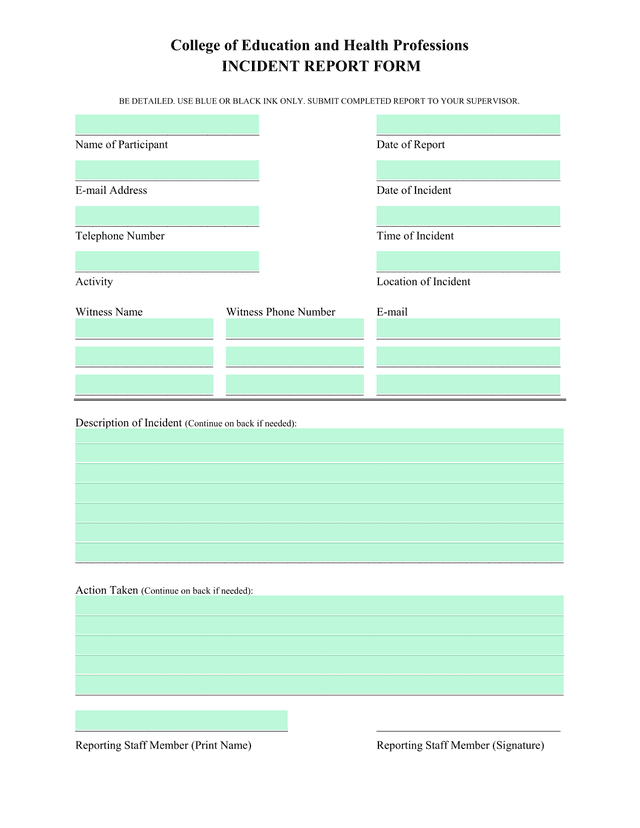 College Of Education And Health Professions Incident Report Form screenshot