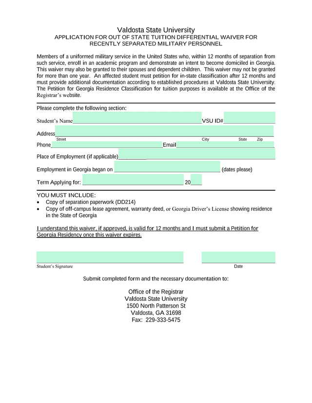 Application For Out Of State Tuition Differential Waiver For Recently Separated Military Personnel screenshot