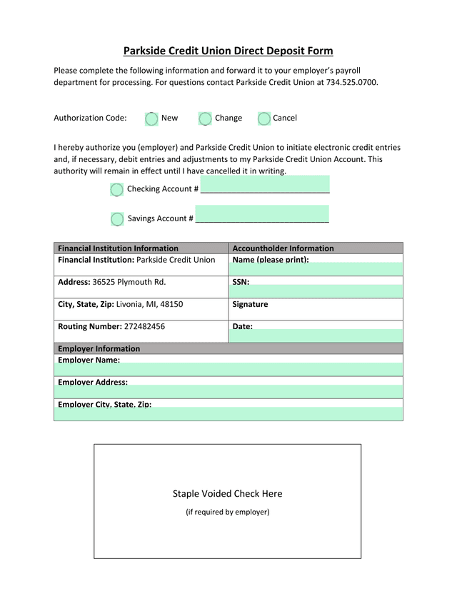 Parkside Credit Union Direct Deposit Form screenshot