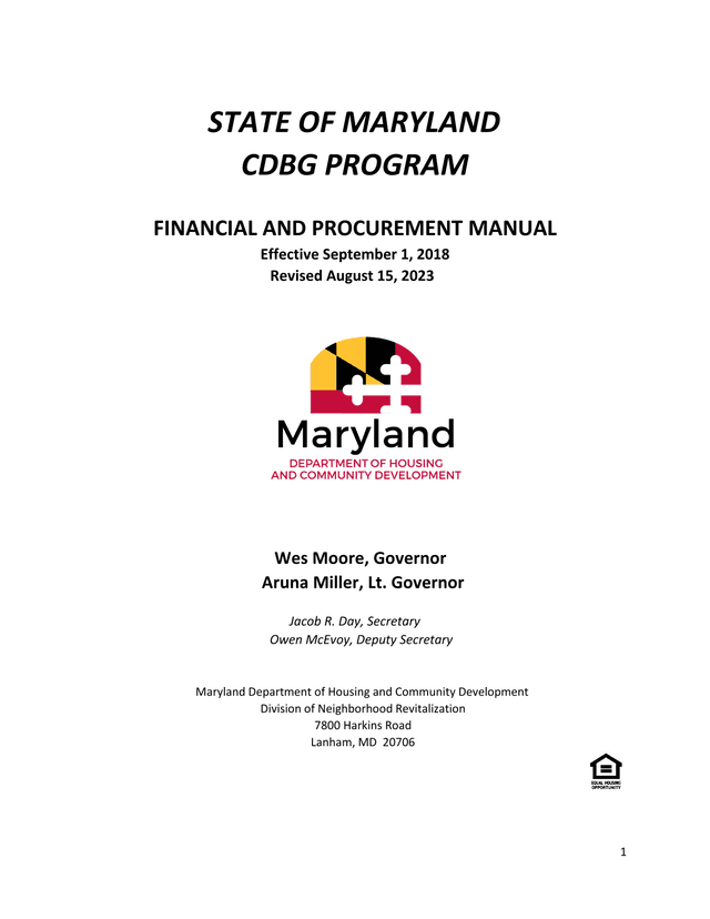 STATE OF MARYLAND CDBG PROGRAM FINANCIAL AND PROCUREMENT MANUAL screenshot