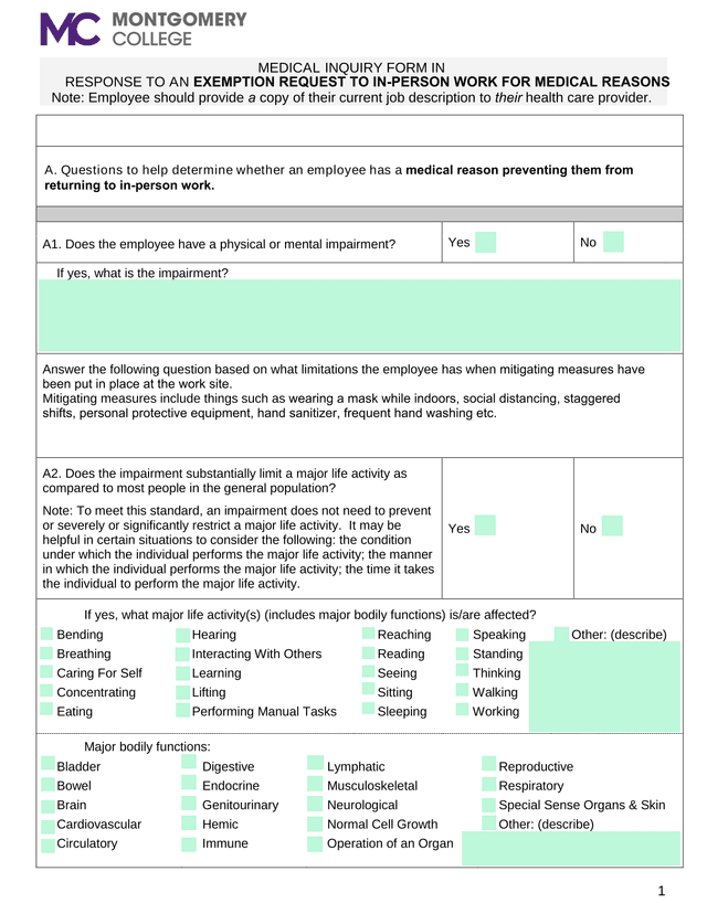 Medical Inquiry Form In Response To An Exemption Request To In Person Work For Medical Reasons screenshot