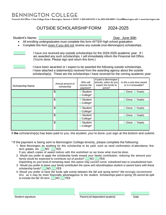 OUTSIDE SCHOLARSHIP FORM 2024 2025 screenshot