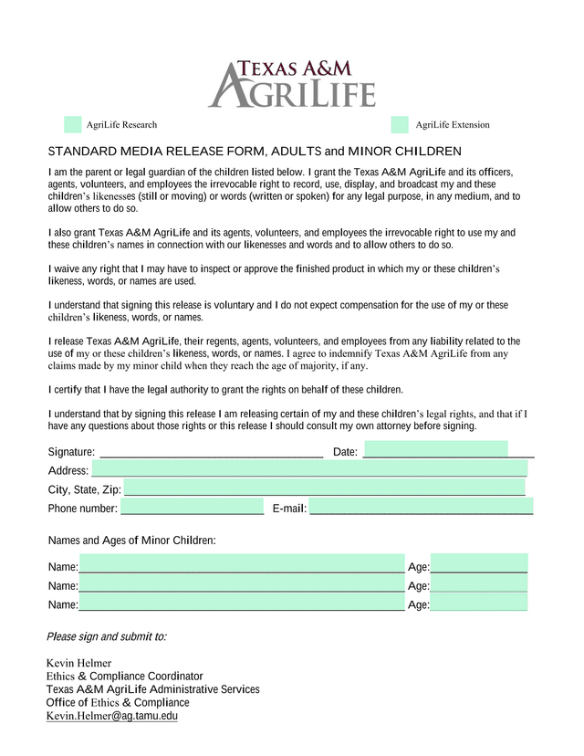 STANDARD MEDIA RELEASE FORM, ADULTS And MINOR CHILDREN screenshot