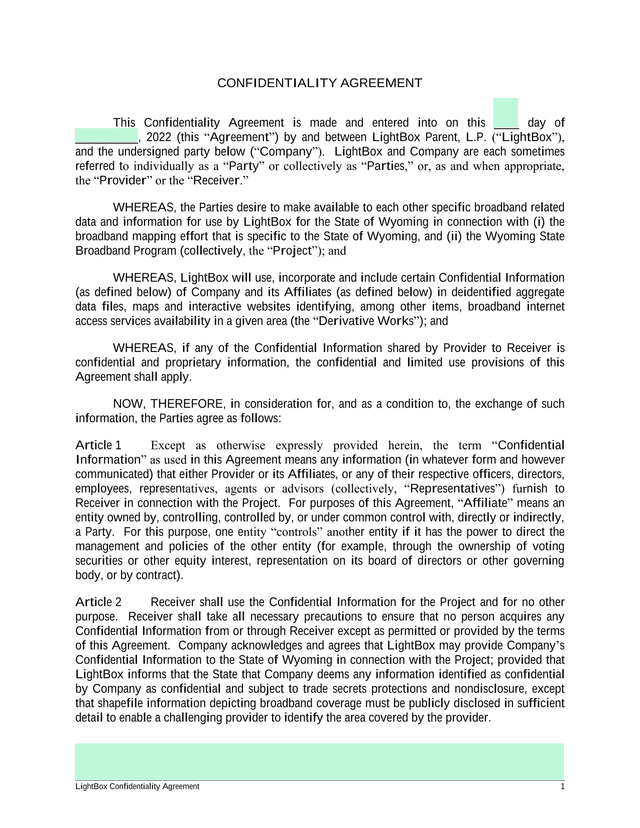 LightBox Confidentiality Agreement screenshot