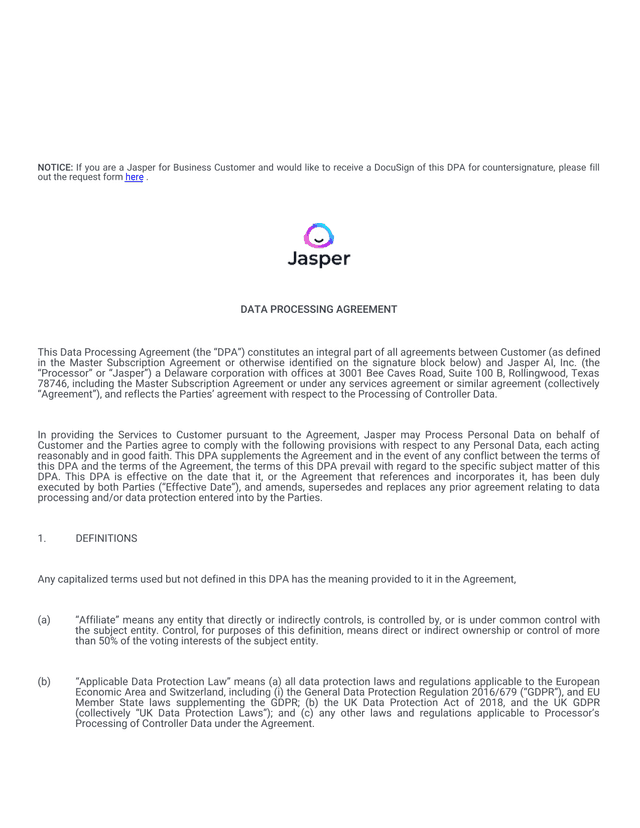 Data Processing Agreement screenshot