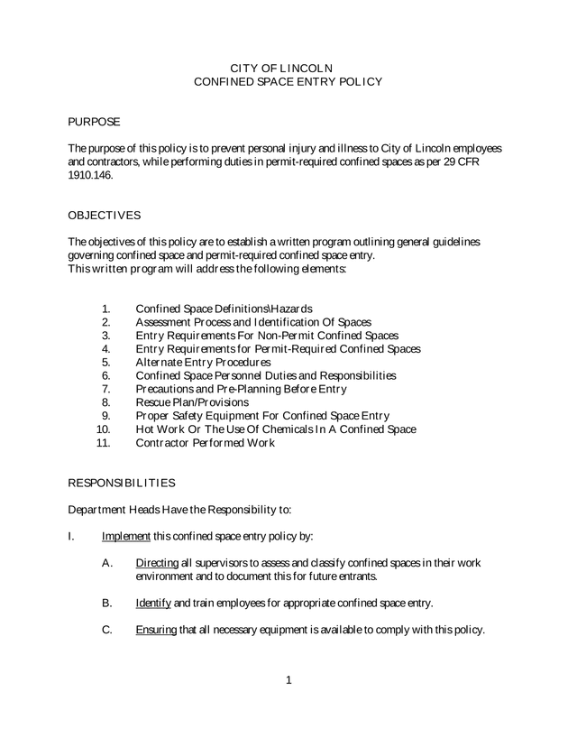 City Of Lincoln Confined Space Entry Policy screenshot